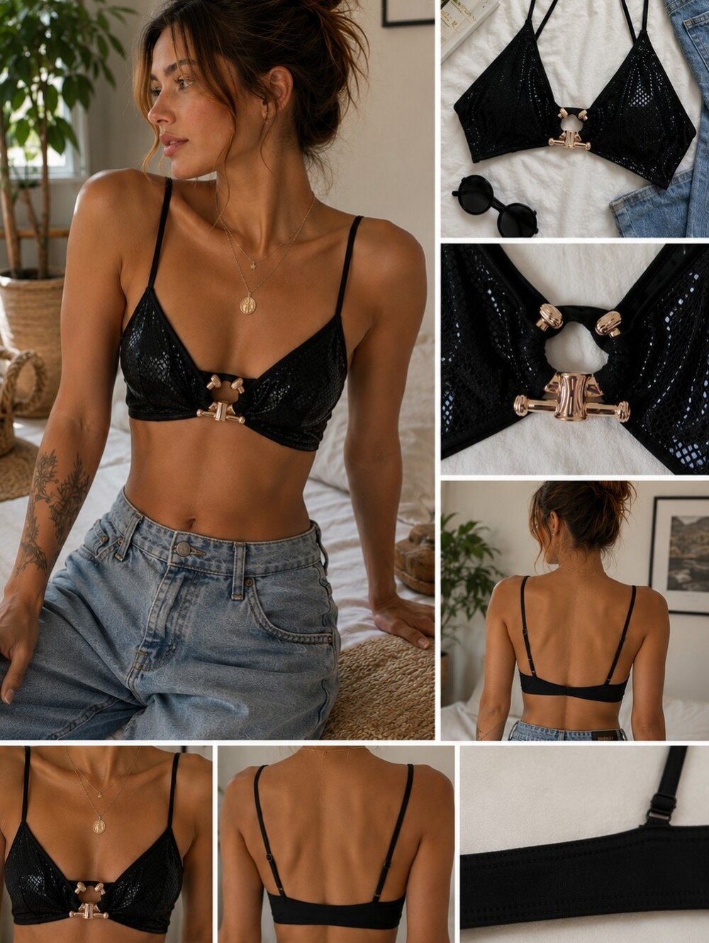 Unbranded Size XS/S Black Animal Print Bikini Top With Gold Accent